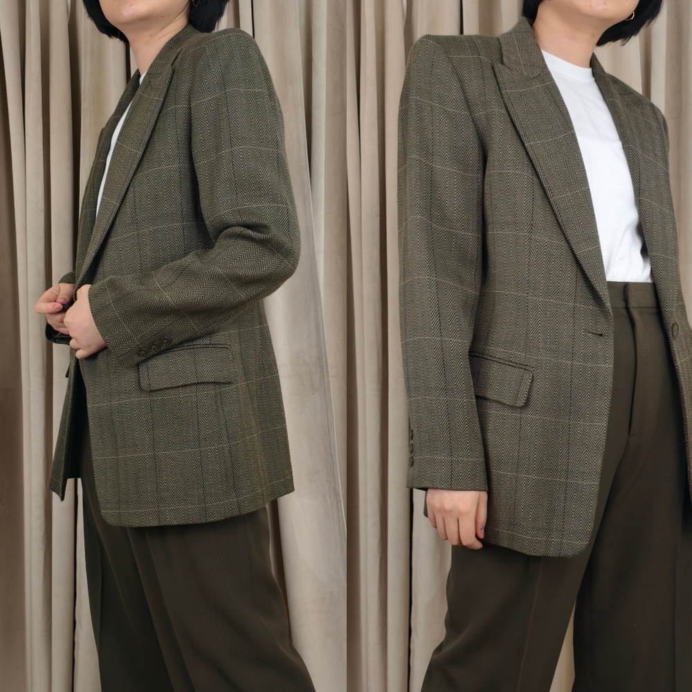 Vintage Wool Ellen Tracy Green Herringbone and Plaid Wool Blazer - Picture 3 of 8